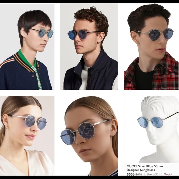 GUCCI “GG” INTERLOCKING LOGO IMPRINTED ON BLUE / SILVER MIRROR ROUND SUNGLASSES - Picture 8 of 16